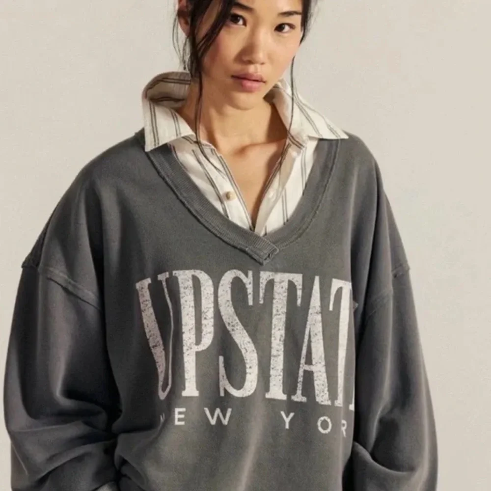 Free People Venice V-neck Graphic Sweatshirt in Washed Black Combo - Picture 3 of 6